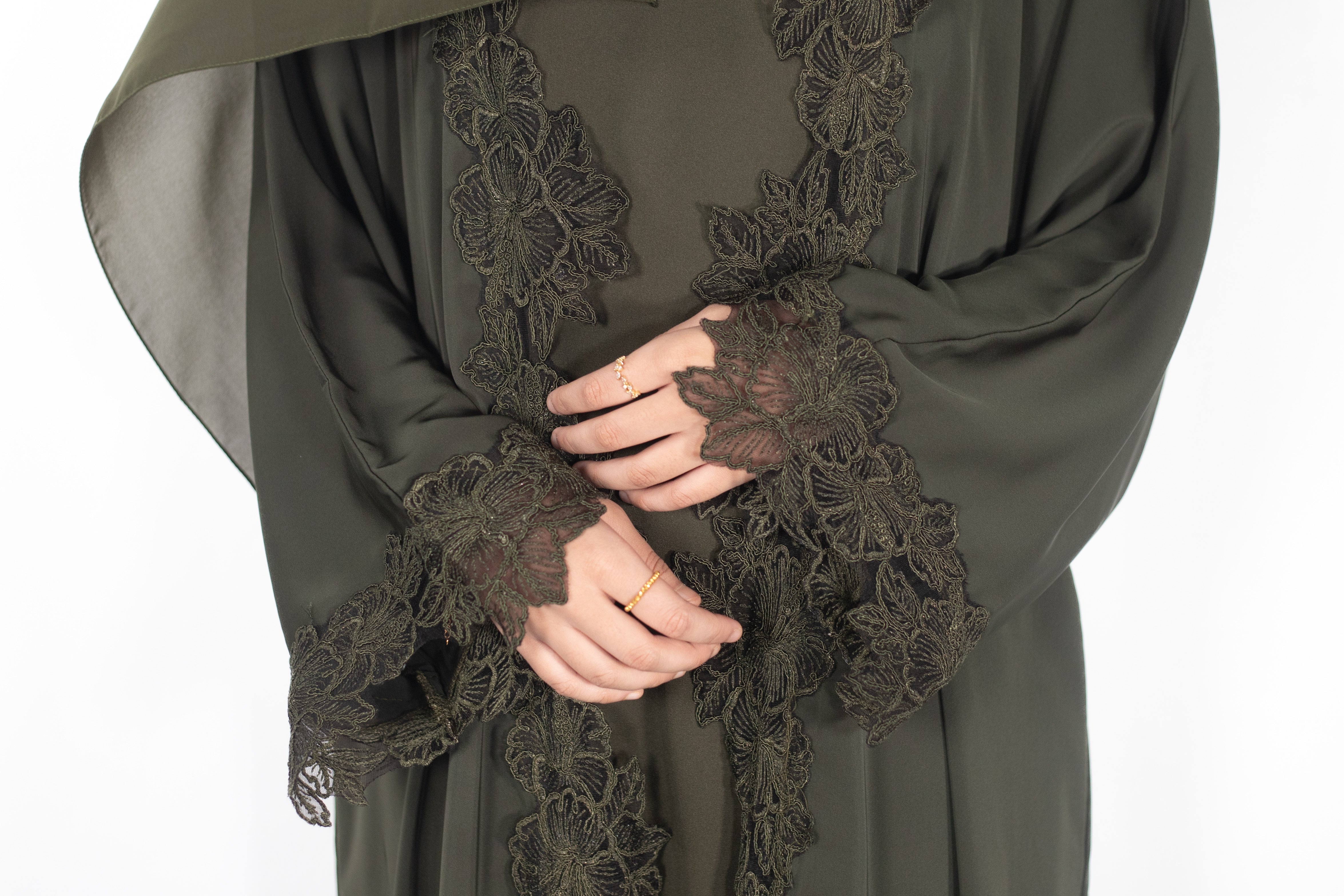 Green Floral Laced Abaya