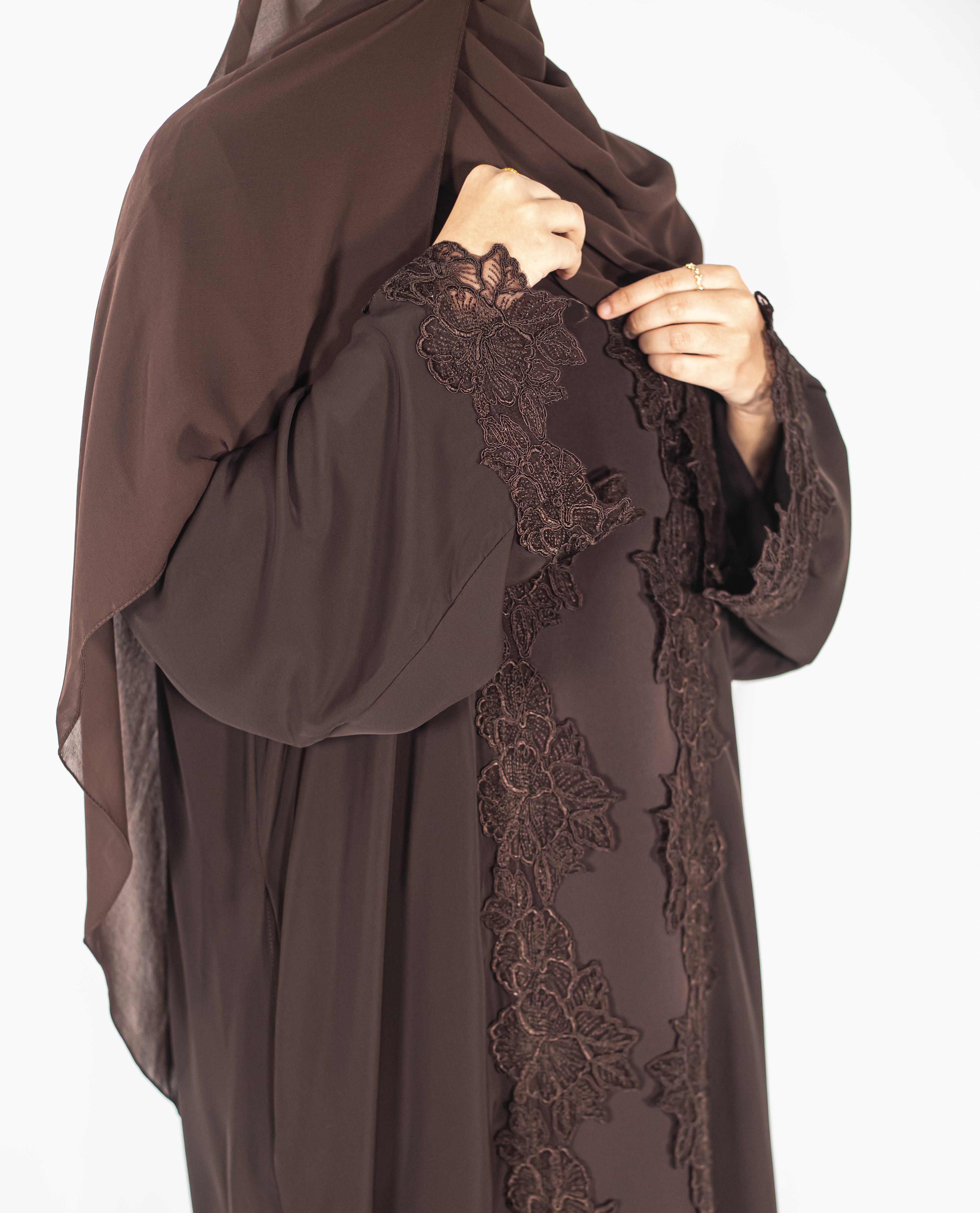 Brown Floral Laced Abaya